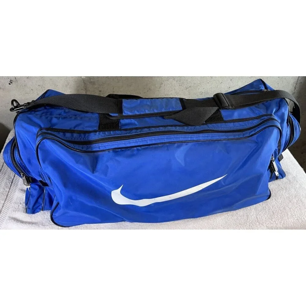 Vintage XL 90s Blue Nike Travel Duffle Gym Bag Embroidered Swoosh Logo Nylon